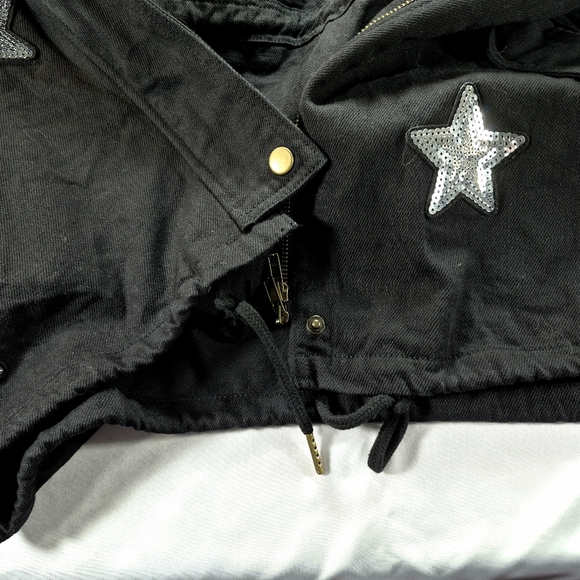 Buddy Love Black Sequin Star Military Utility Jacket Cotton Canvas Parker Cargo - Picture 12 of 13